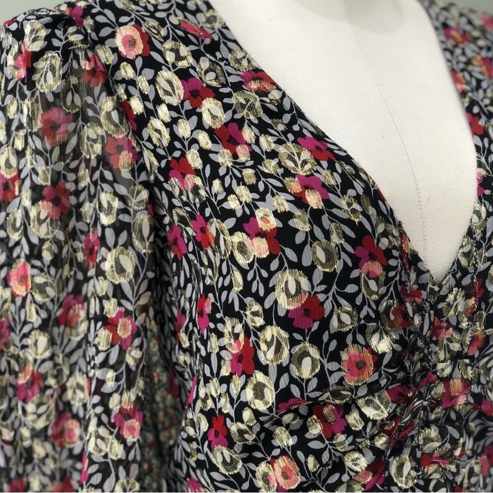 Kate Spade Floral Long Sleeve Dress in Black, Red, and Metallic Silver Sz 6 - Picture 6 of 10
